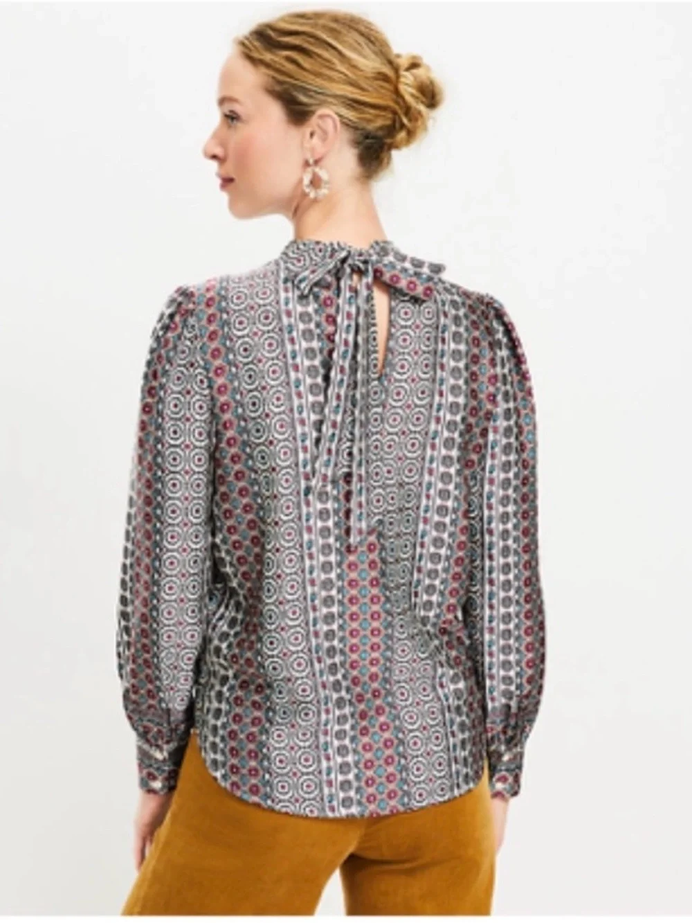 LOFT XL Boho Medallion Print Tie Neck Blouse Long Sleeve Blouse